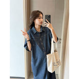 2025 Korean Summer Denim Dress Women Loose Short-Sleeved Retro Age-Reduced Pregnant Women's Skirt HZ1220