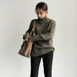 High-Necked Sweater Women Winter Korean Retro Loose Languid Languid Temperament Simple Thick Pit Strip Bottom Knitting Shirt HZ1220