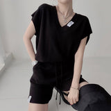 Korean Chic Sweet V-Neck Loose Letter Sticker Short-Sleeved Knitwear + Rope High-Waisted Leisure Wide-Legged Shorts Woman HZ1220