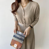 Korean Chic Style French Small Autumn And Winter Thin V-Neck Knitting Big Swing With Bottom 100 Fold Dress Women HZ1220