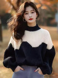 Black And White Half-High Collar Sweater 2025 New Winter Lazy High Feeling Thick Thick Knitted Shirt Top Woman HZ1208