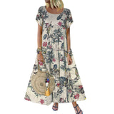 2025 Explosion Women's Vintage Flower Printed Short Sleeve Round Dress HZ1220
