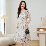 National Feng Shuo Ink Printing V-Neck Dress Women 2025 Summer New Lotus Leaf Sleeve Mother Chiffon Skirt HZ1220