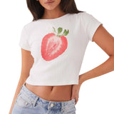 2025 New Strawberry Print Umbilical Babes Blouse Casual Round Neck Short Sleeve Breathable T-Shirt HZ1208