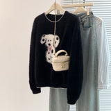 Black Spotted Dog Watery Wool Sweater Women Winter Soft Languid Horse Hair Long Knitted Blouse Autumn And Winter HZ1208