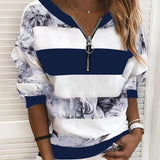 2025 Women's New Digital Printing Zipper V-Neck Loose Leisure Clothing Long-Sleeved Top HZ1220
