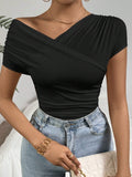 2025 Spring And Summer Explosion Folding Collar V Collar Sexy Blouse Lady Short-Sleeved T-Shirt HZ1208