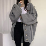 Korean Chic Autumn And Winter Leisure Lazy Wind V-Neck Single Buckle Loose Lantern Sleeve Knitted Sweater Coat Woman HZ1220