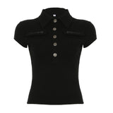 Women's Fashion Street Trend Artificial Style Collar Foundation Solid Color Hottie Short-Sleeved T-Shirt Blouse New HZ1220