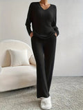 Autumn And Winter New Women's Pure Color V-Neck Loose Blouse Casual Straight Trousers Pit Two Sets HZ1208