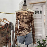 Vintage Graffiti-Printed Shoulder-Threin Mesh Long-Sleeved Blouse Side Drawstring Tethered With Slime T-Shirt 8959 HZ1208