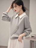 Crash Gray Fake Two Knitted Sweater Women's Autumn And Winter Korean Atmosphere Relaxed Leisure Polo Collar Top HZ1208