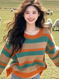Mori's Retro Stripes Loose Lazy Sweater Knitted Women's 2025 New Winter Korean Wear Top Tide HZ1208