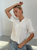 Lace Stitched V-Neck Knitted Shirt Summer New Short-Sleeved Fashion Casual Cardigan Sweater Woman HZ1208