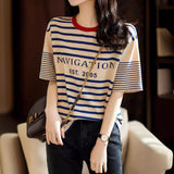 2025 Version Of Loose Good-Looking Youth-Down Navy Blouse Woman! Letters Printed Short-Sleeved Cotton Striped T-Shirt HZ1220