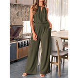2025 Summer New Women's Clothing Hanging Neck Top Broad Leg Pants Fashion Casual Cotton Set HZ1208