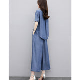 Tiansi Cowboy Broad Leg Pants Set Summer Large Size Cover Thin Mother Casual Loose Ocean To Lose Age Thin Two HZ1220