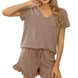 Spring And Summer 2025 New Women's Pure Color V-Neck Shorts Irregular Shorts Sports Casual Home Two Sets HZ1220