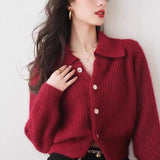 Autumn And Winter New Year Red Polo Knitted Cashmere Knitted Cardigan Women Soft Glutinous Loose Outer Sweater Winter Thick Coat HZ1220