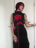 Diablo Temperament A Rose Print Bumpy Color Sexy Dew Height Collar Sleeveless High Open Skirt Dress Long HZ1220