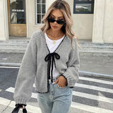 Autumn And Winter Sweater Women's New Knitted Shirt Loose Long-Sleeved Bow Tied With Cardigan Coat Top Woman HZ1208