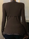 Vintage Lace Splicing Deep V-Neck Long-Sleeved T-Shirt Girl 2025 New Blouse HZ1220