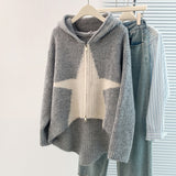 Korean Design Sense Of The Star Short-Sleeved Hooded Knitted Sweater Women's Autumn And Winter Slim Clothes HZ1208