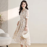 Gentle Wind Broken Flower Dress Women's Summer New Tea Break French High-Grade Feeling Thin V-Neck Long Dress HZ1220
