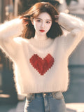 White Love Print Lazy Sweater Knitted Women 2025 Autumn And Winter New Korean Atmosphere Feeling Top HZ1208