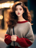Autumn And Winter New Hong Kong Style Chic Top Female Design Color Collar Knitted Shirt Age Reduction Lantern Sleeve Long-Sleeved Sweater HZ1208