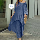 2025 New Women's Cotton And Cotton Fashion Casual Large Code Irregular Long-Sleeved Set Of Wide Leg Pants Two Sets HZ1208