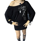 Hexian Dark Black Style Retro Print Irregular Design Slanted Shoulder Skirt Street Personality Loose Thin Dress HZ1220