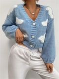 Autumn Loose V-Neck Clouds Fall Shoulder Knitted Cardigan Three Buckle Sweater Short Coat HZ1208