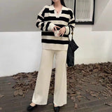 2025 Vintage Lazy Wind High-End Softy Loose Stripe Collar Fashion Knitting Suit Woman HZ1220