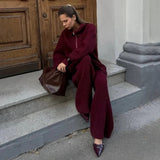Single Simple High-End Solid Color Set Women's Autumn And Winter Half Zipper Sweater Knit Straight Trousers Two Sets HZ1208