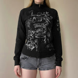 Diablo Retro-Winded Hand-Painted Sweater Coat High-Neck Zipper Open Shirt Loose Version Of Casual Top Women's Clothing HZ1220