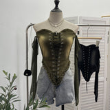 Hottie Sexy Tset Blouse Irregular Cowboy Splicing Mesh Yarn Tie With Short T-Shirt 6105 HZ1208