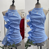 Spicy Design Sleeveless Leaves Three-Dimensional Flower Blouse Atmosphere Slimming Waist 1166 HZ1208