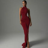 24 New Evening Dress Party Woman's Word Collar T-Shirt Sexy Bare Back High Open Fork Dress HZ1220