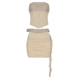 Sexy Leather Suit PU Leather Splicing Waist Tsets Hollow Folding Net Lace-Uped Ass Skirt HZ1220