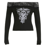 Diablo Retro Prints Sexy Body-Repair Lace Spliced Shoulder Long-Sleeved T-Shirt Blouse New HZ1220