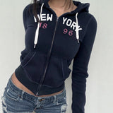 Vintage Letter Printing Rope T-Shirt Zip Hooded Casual Coat Woman 2025 Autumn And Winter New Top Tide HZ1220