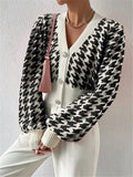 Autumn And Winter Tiger Pattern Lantern Sleeve Knitted Cardigan Sweater Short Coat HZ1208