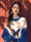 2025 Early Autumn New Sweater Small Korean Languid Wind Hit Klein Blue Butterfly Print Knitting Top HZ1208