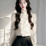 French Chic Lace Splicing Long-Sleeved Shirt Early Spring Super Good Single-Dnecked Shirt Temperament Blouse Women's Clothing HZ1208