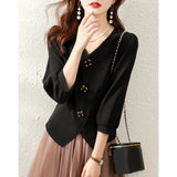 Design-Sensitive Niche Shirt Women 2025 Spring New Seven-Sleeve V-Necked Black Waist-Skinny Blouse Tide HZ1220
