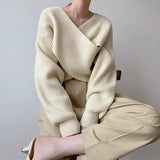 South Korea Dongdaemun Autumn And Winter New Temperament Simple V-Neck Cross-Design Sense Loose Knitted Sweater HZ1220