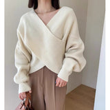 South Korea Dongdaemun Autumn And Winter New Temperament Simple V-Neck Cross-Design Sense Loose Knitted Sweater HZ1220