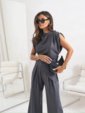 Small-Fantic Faitry Face Solid-Colored Collared Folded Fork Vest Top Broad Leg Trousers Set Summer HZ1220