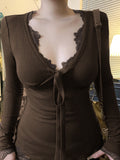 Vintage Lace Splicing Deep V-Neck Long-Sleeved T-Shirt Girl 2025 New Blouse HZ1220
